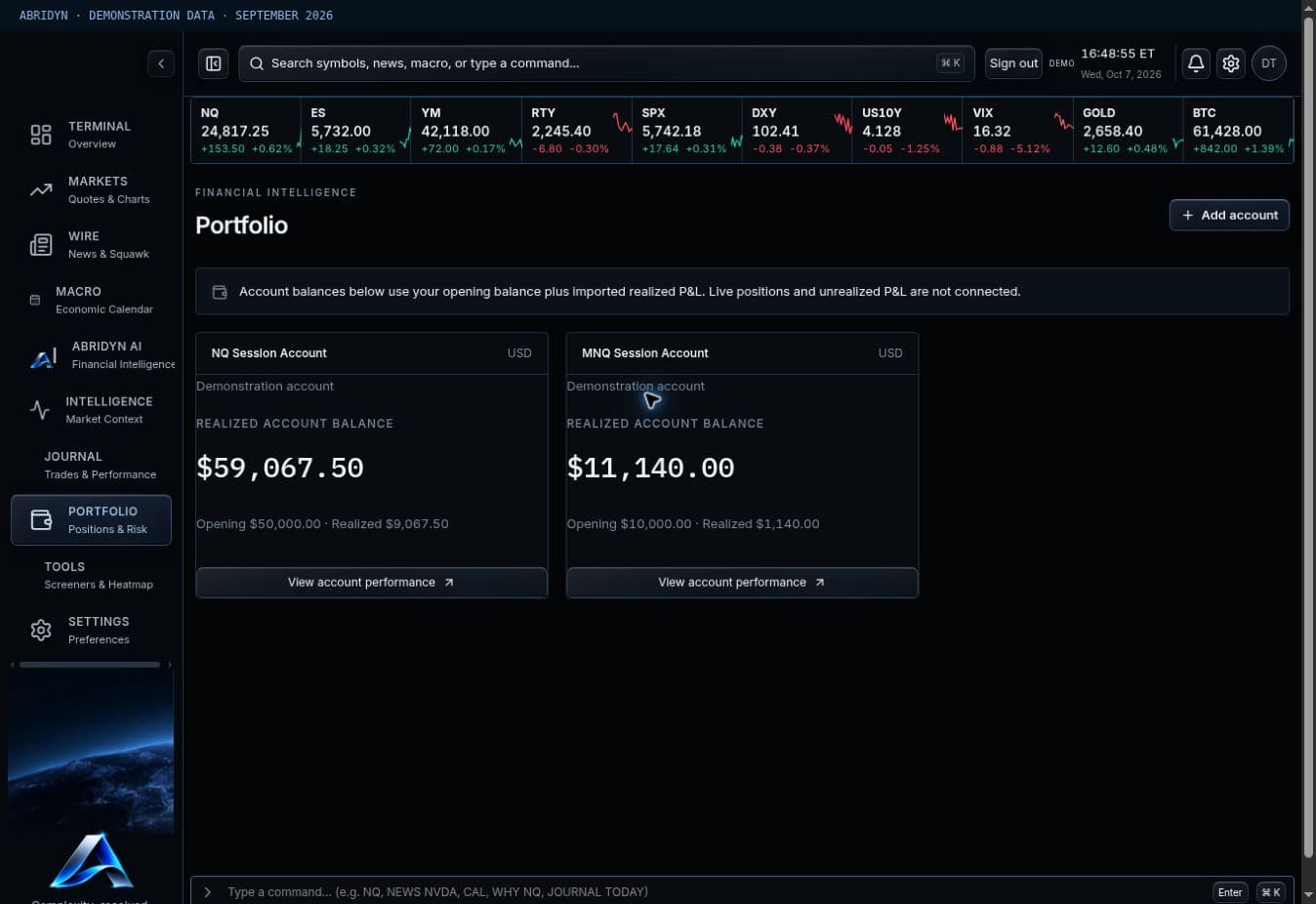 Abridyn Portfolio showing opening balance, recorded realized P&L and resulting balance for two demo accounts