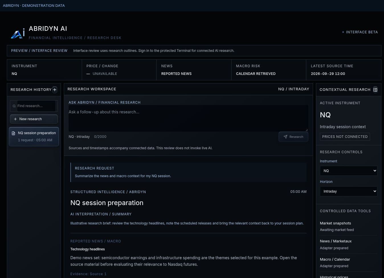 Actual ABRIDYN AI research desk with NQ instrument controls, a research question and an illustrative structured brief