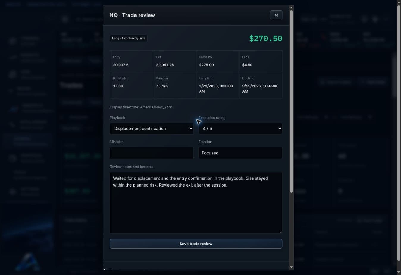 Abridyn NQ trade review showing entry and exit, fees, risk multiple, playbook, execution rating and review notes